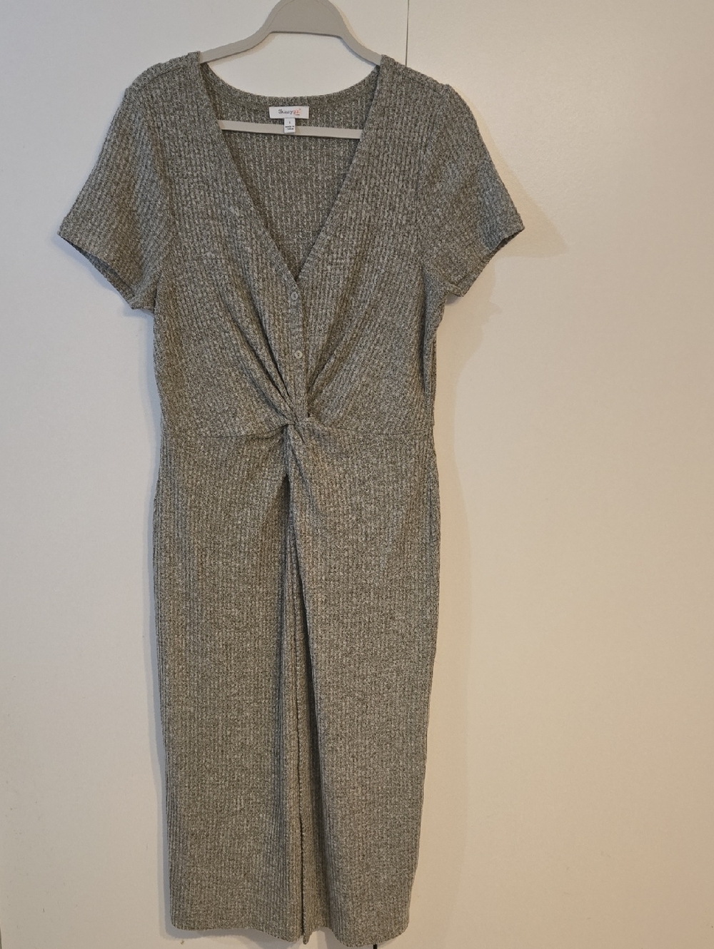 Skinnygirl Heather Green Ribbed Twist-Front V-Neck Midi Dress